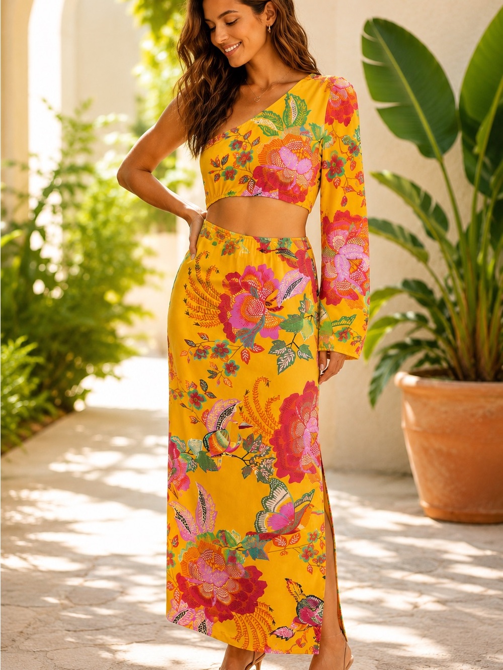 FARM Rio One Shoulder Cutout Tropical Floral Maxi Dress M